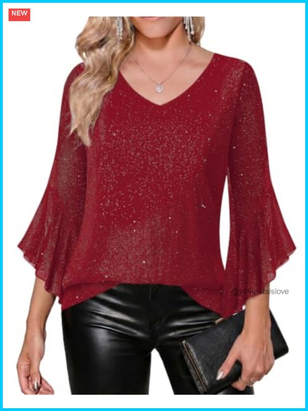 Zeagoo Womens Blouse Ruffle 3/4 Sleeve Sequin Mesh V Neck Top